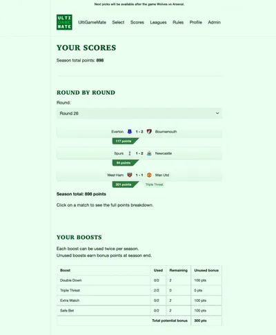 Screenshot of UltiGameMate scores page.